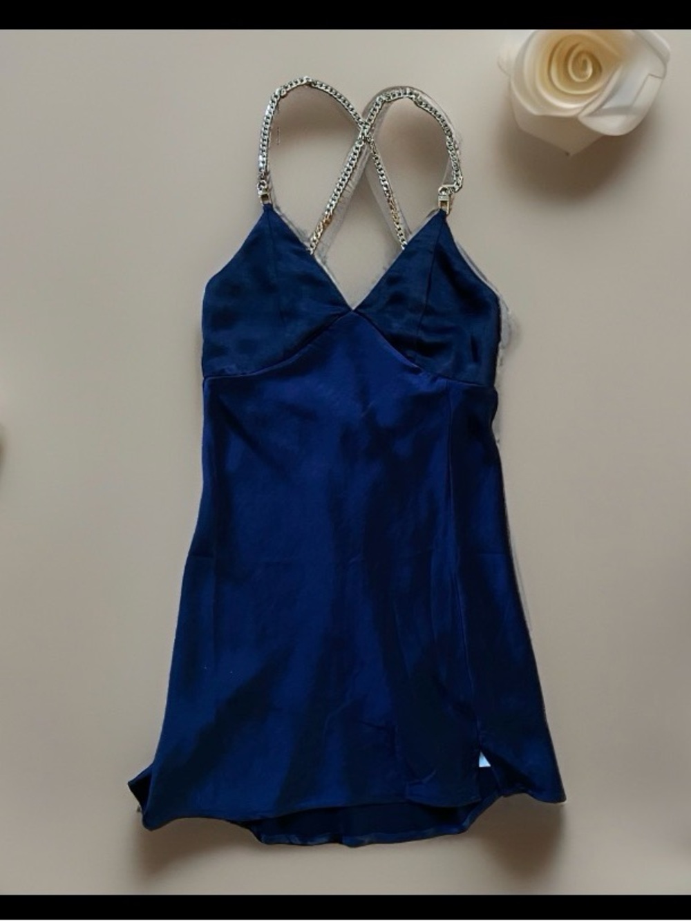 Altar'd State Raney Navy Satin Slip Dress with Chain Details